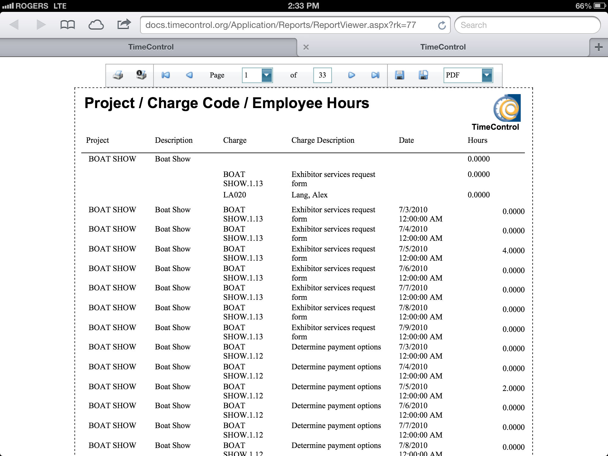 TimeControl Report Project / Charge Code / Employee Hours