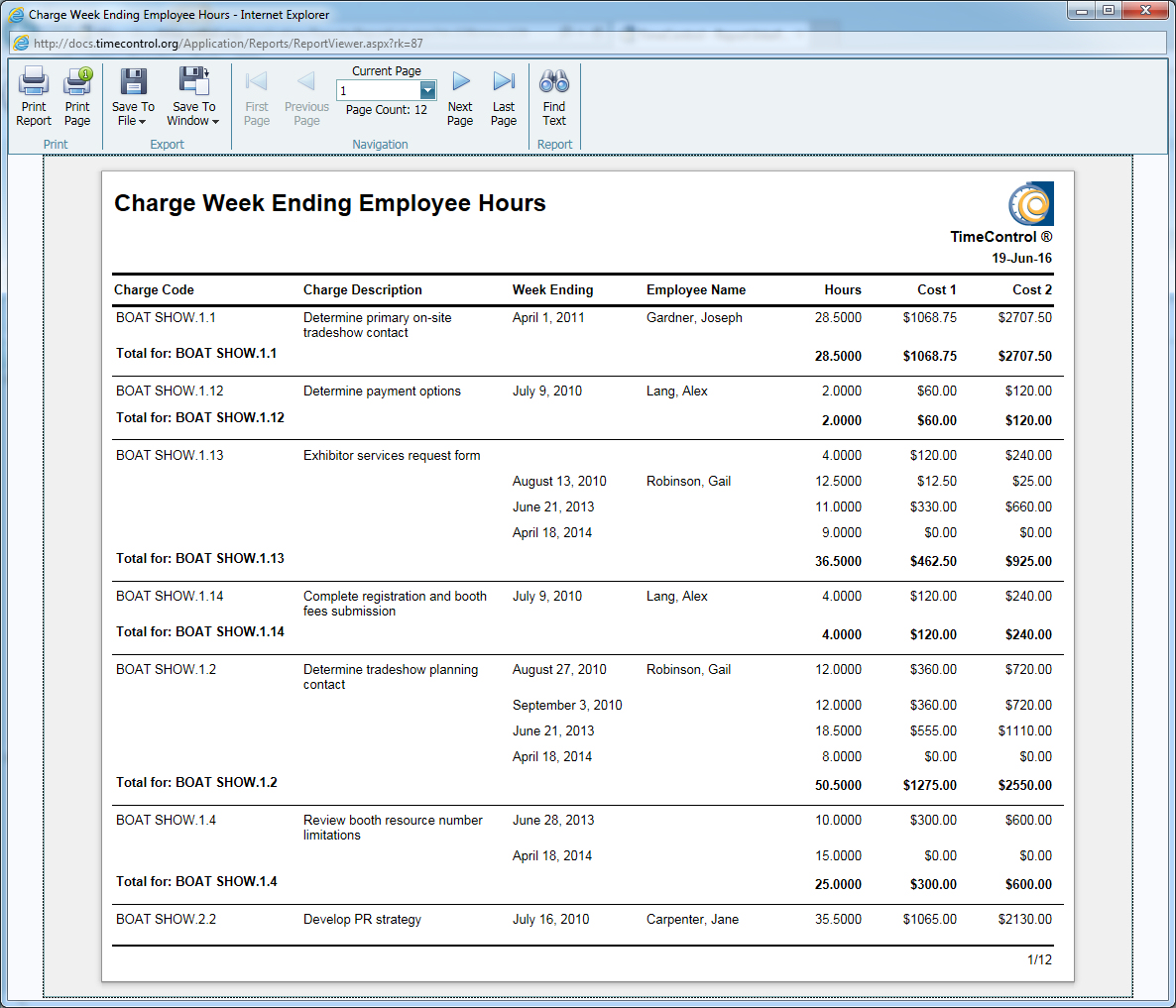 TimeControl Report Charge / Week Ending / Employee Hours Report