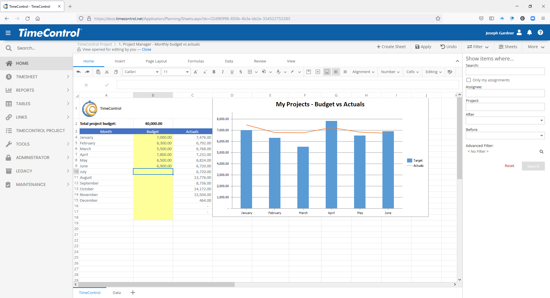 TimeControl Project Sheets View Budget vs Actuals